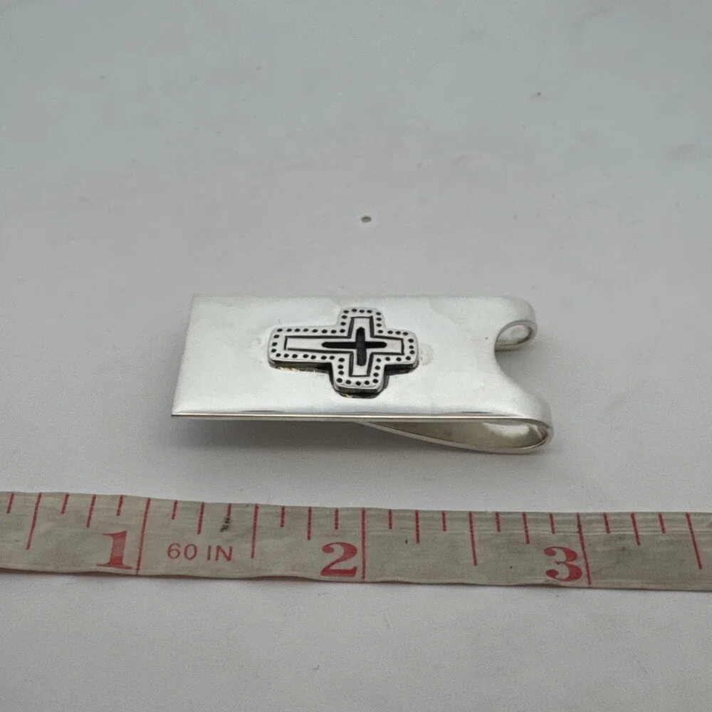 Estate 925 Sterling Silver Stylized Cross Rectangular Small Unisex Money Clip